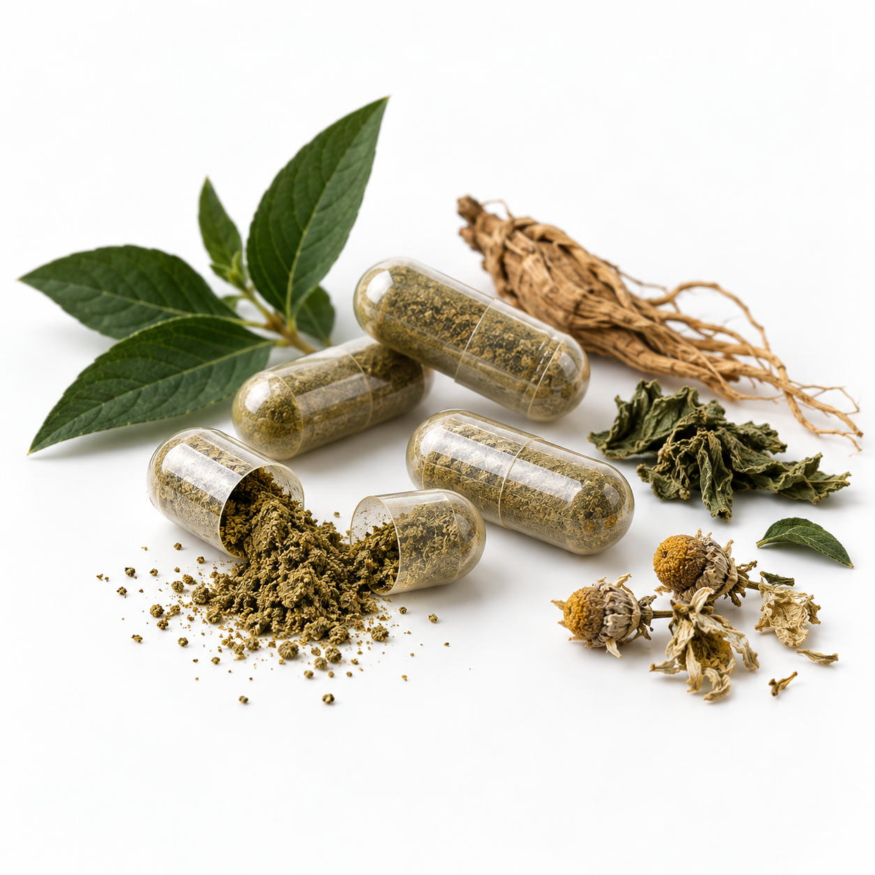 Herbal capsules with dried botanicals on a white background