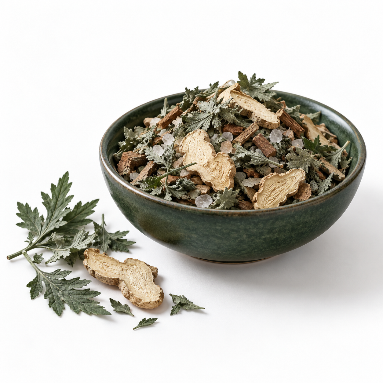 Green ceramic bowl of foot-soak granules with mugwort and ginger on a white background