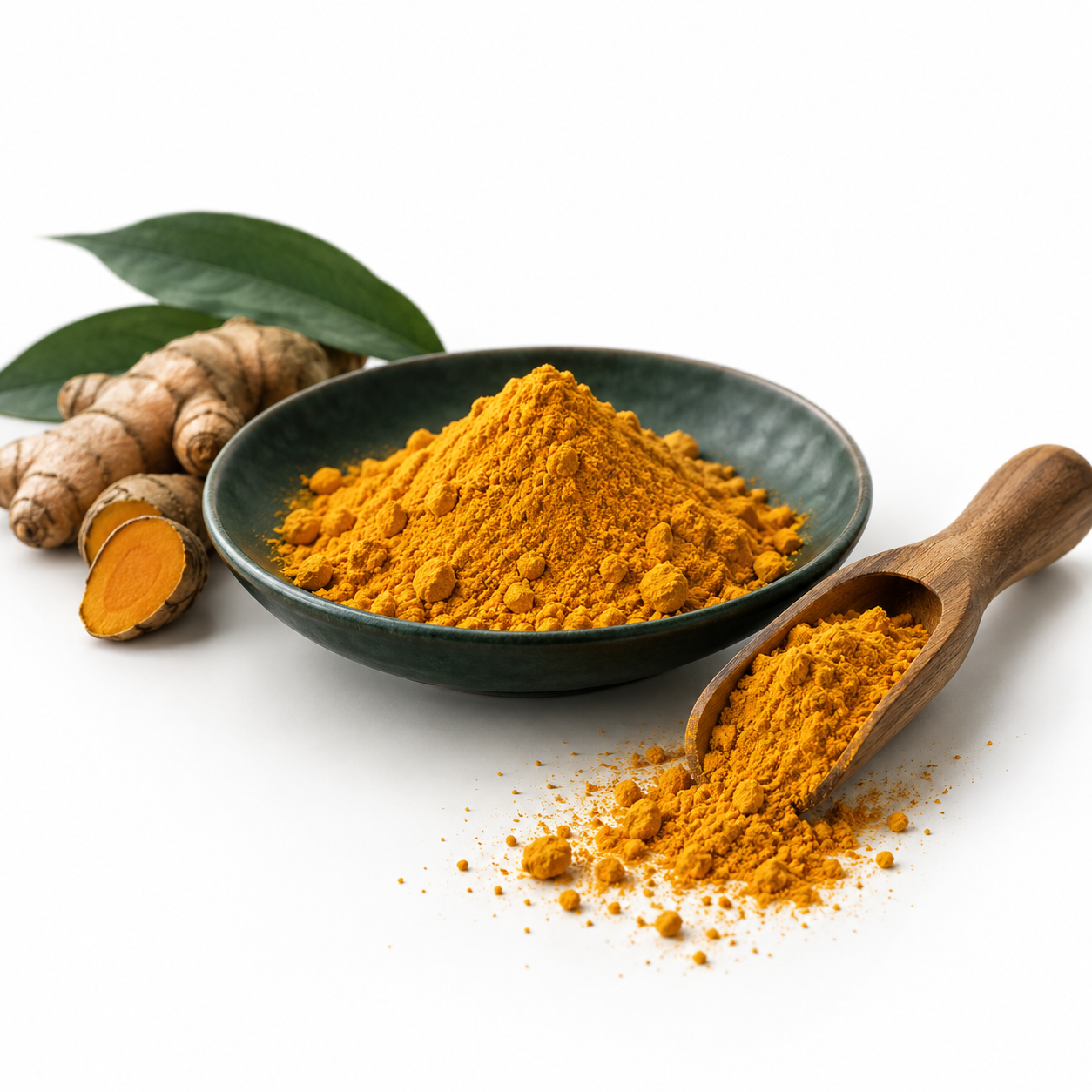 Turmeric powder with a wooden scoop on a white background