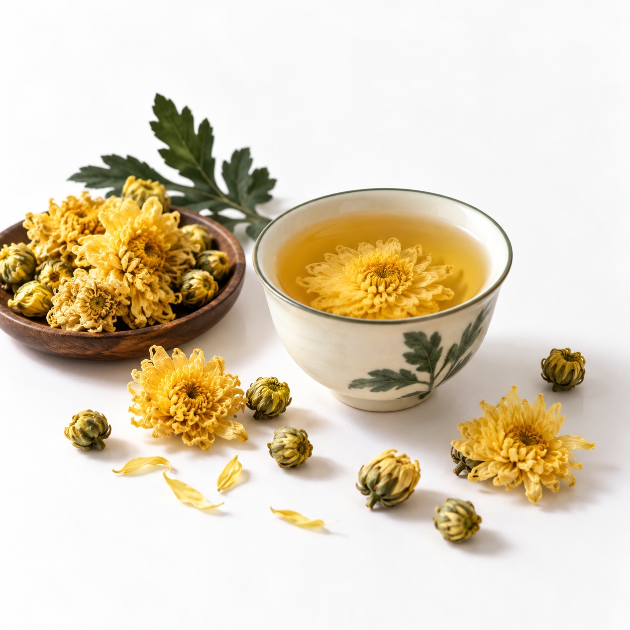 Chrysanthemum blossoms and a brewed cup of tea on a white background