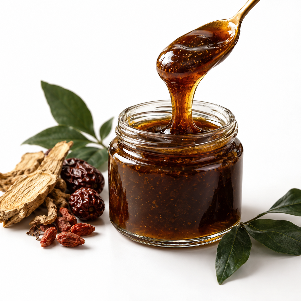 Amber honey paste in a jar with a spoon on a white background