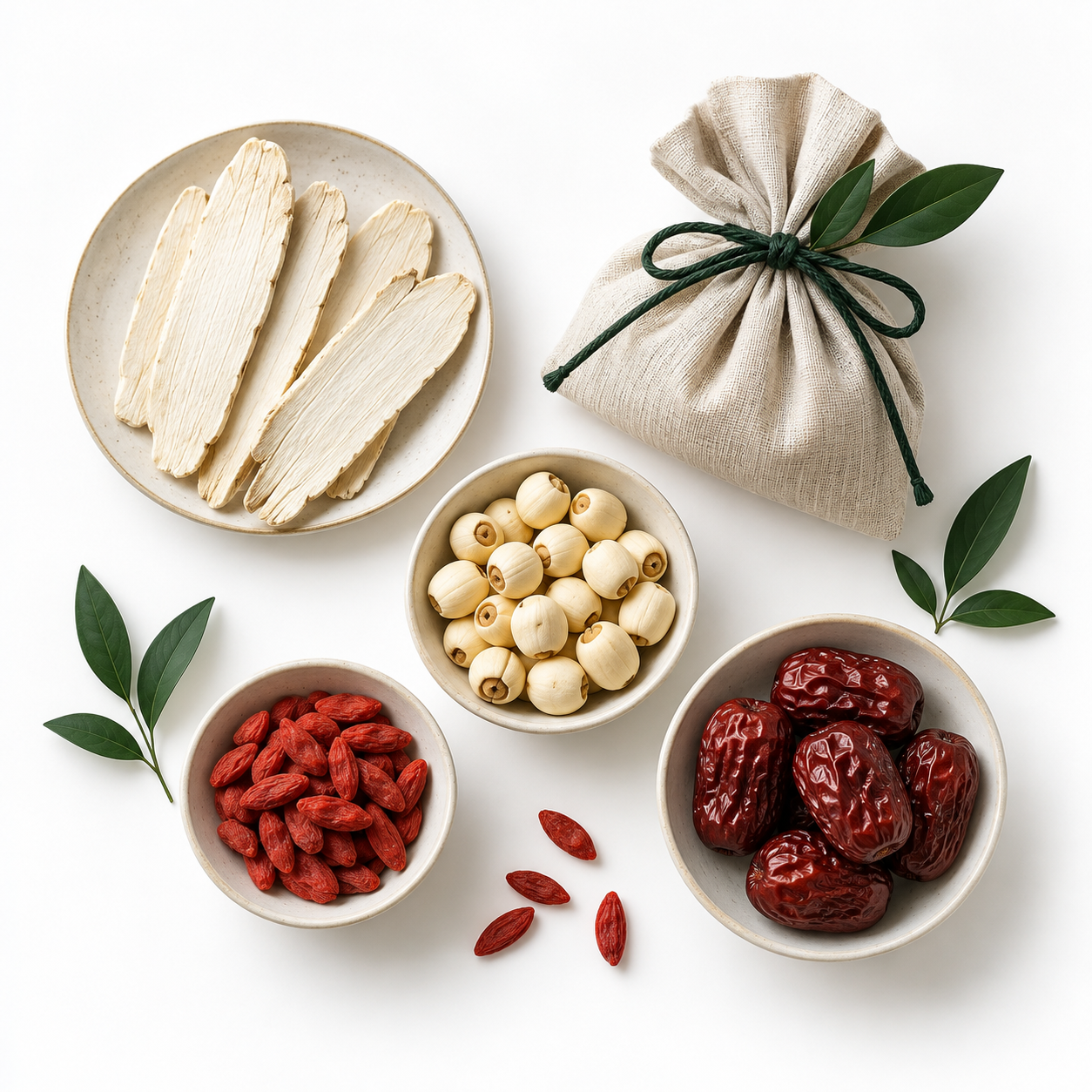 Soup ingredients laid out with a cloth bundle on a white background