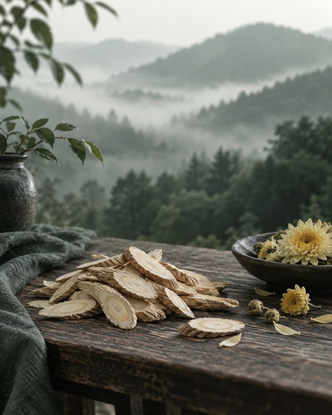 Wooden table with dried astragalus slices and chrysanthemum flowers, misty green hills behind
