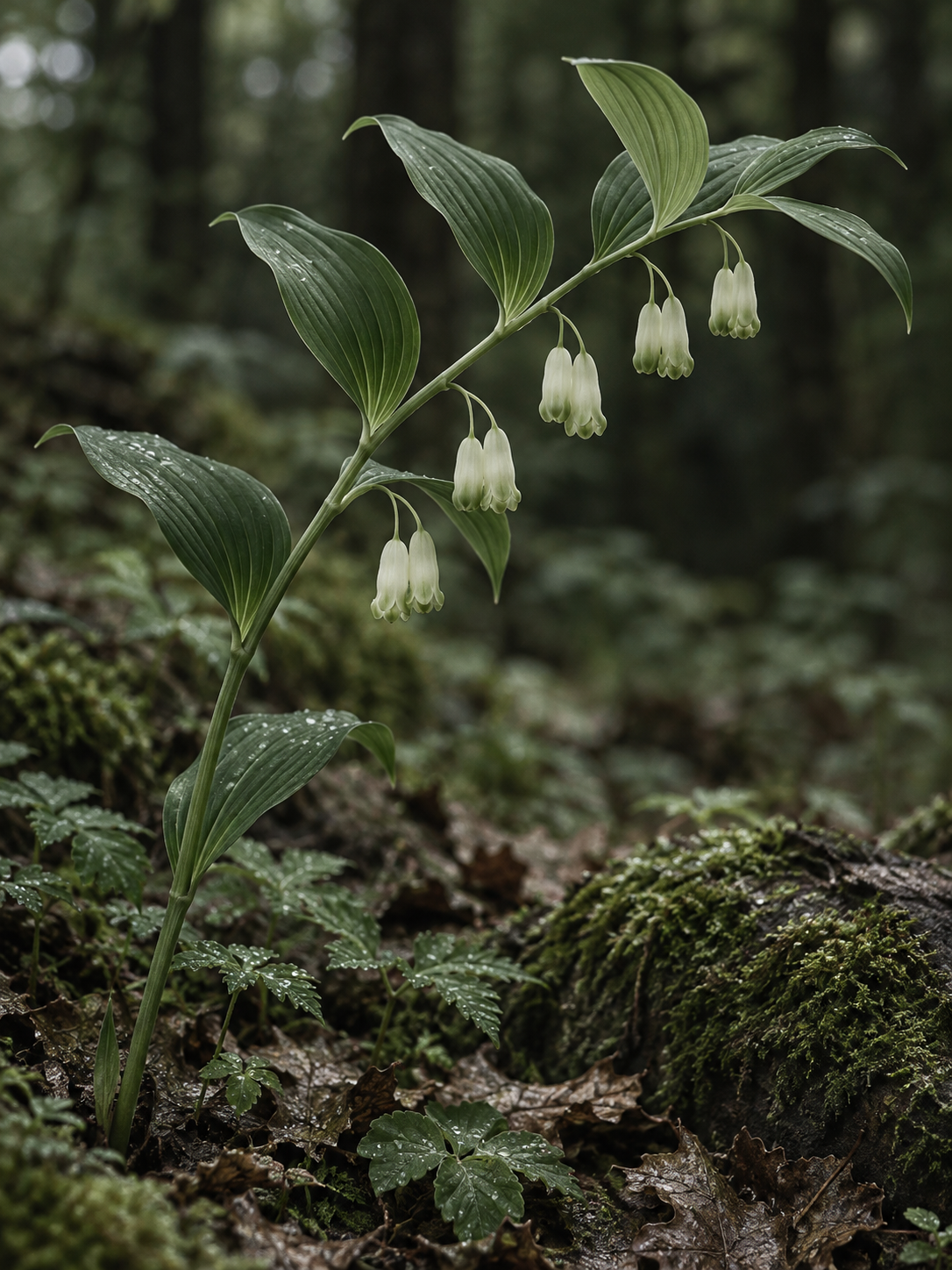 Solomon’s seal plant with an arching stem and small bell-shaped flowers in shade