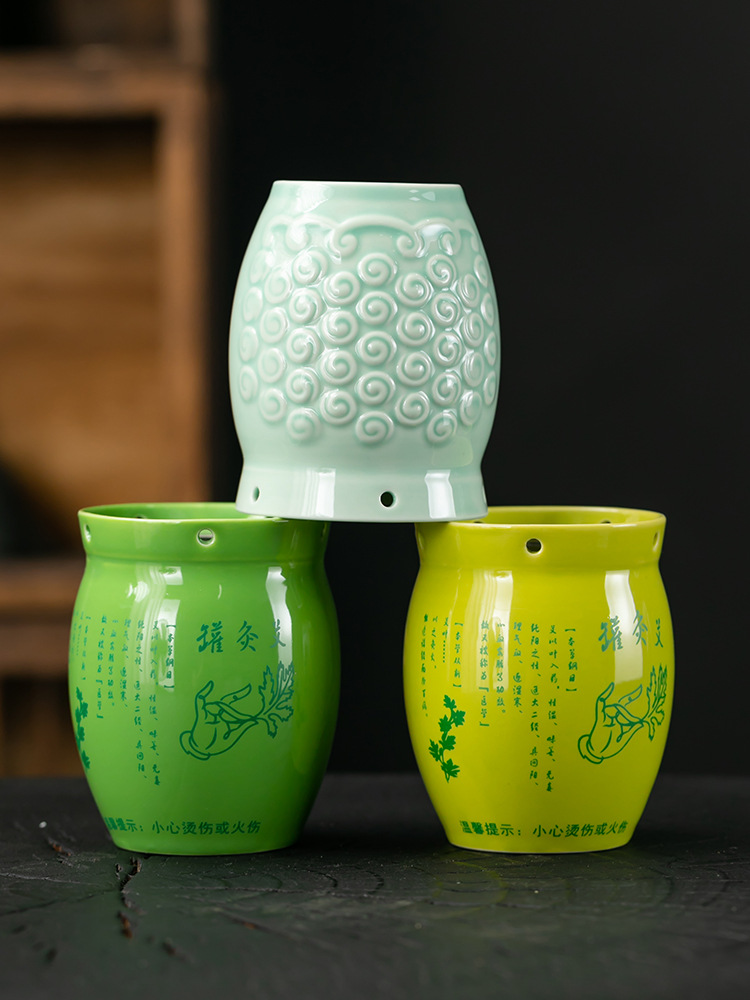 Ceramic Moxibustion Cup with Gua Sha Massage Beads Jade Green Wellness Tool with Dust Cover and Cloth Sleeve - Image 2