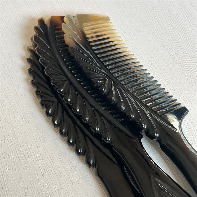 Yak Horn Comb 18cm Thick Carved Handle Comb Black Flower Pattern Hair Comb for Daily Grooming - Image 4