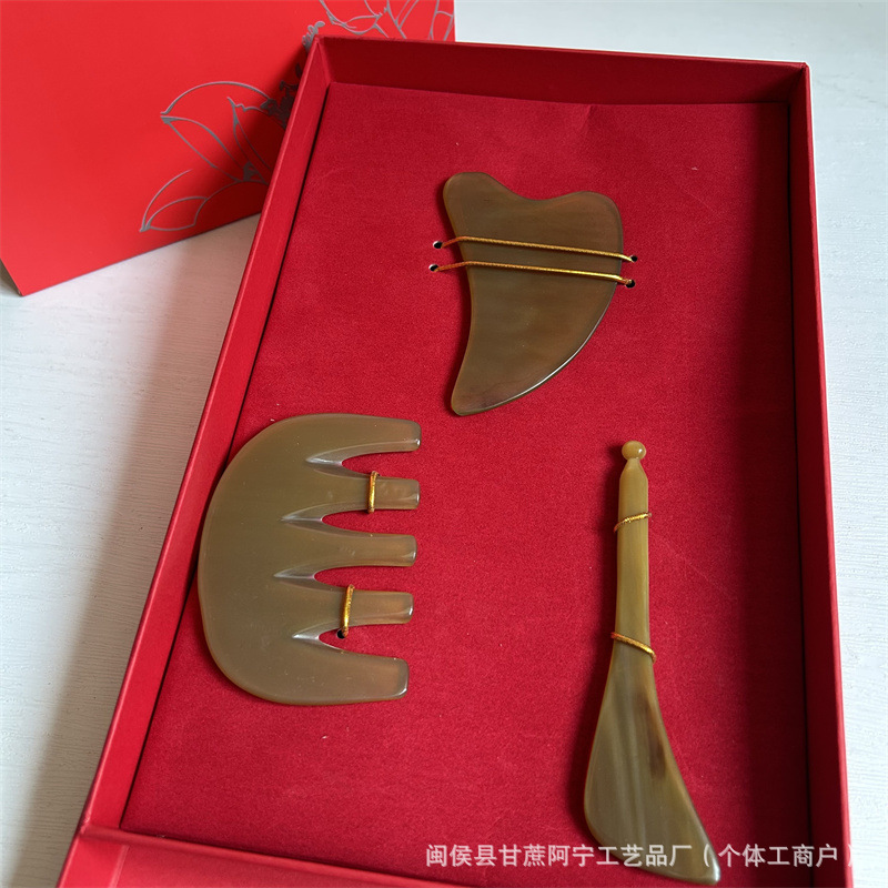 Horn Gua Sha Head Massage Tool Set 3 Piece Guasha Scraping Board for Scalp and Face Care Gift Box - Image 2