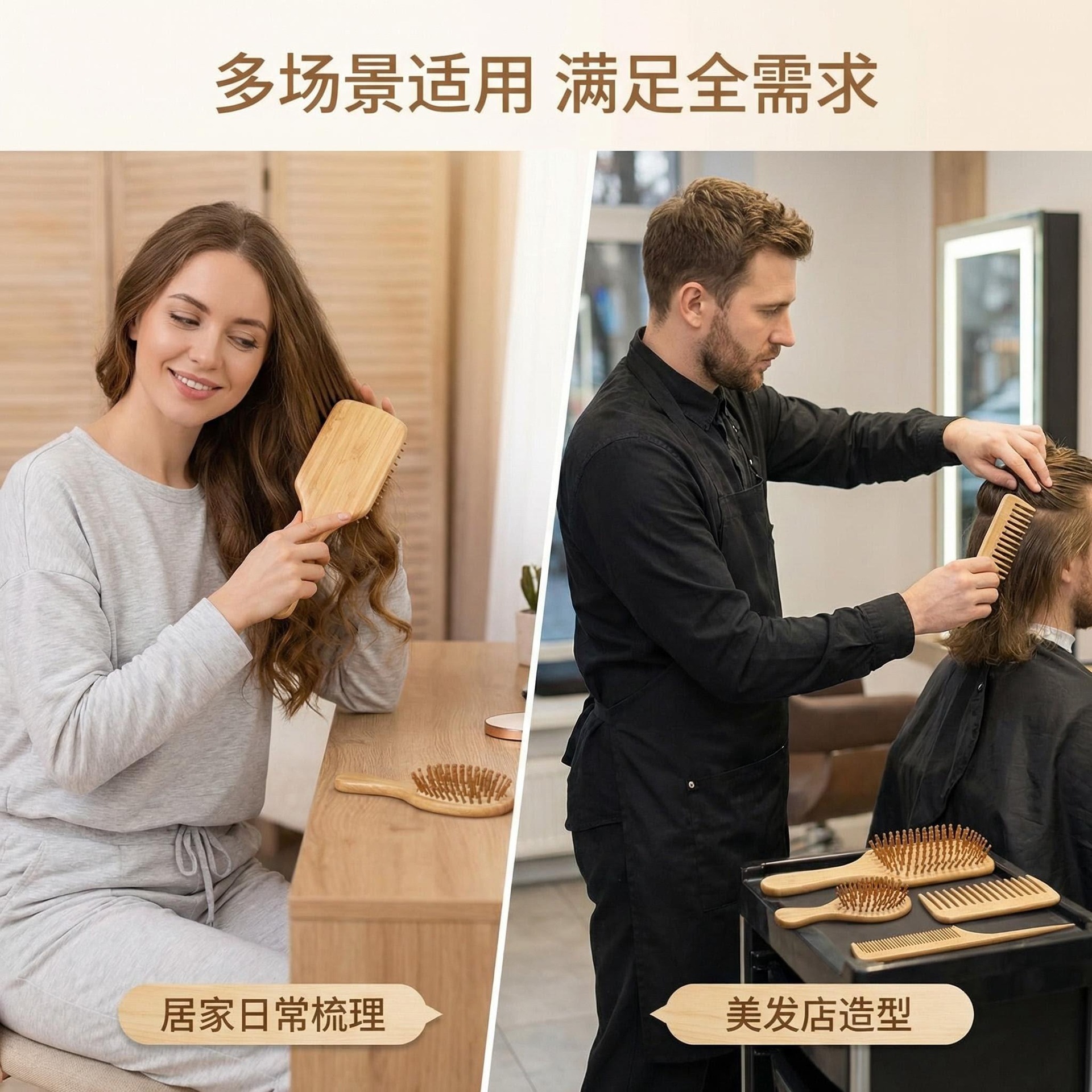 Natural Bamboo Air Cushion Hair Brush Set Wide Tooth Rat Tail Comb Anti Static Scalp Massage 20cm+ - Image 3