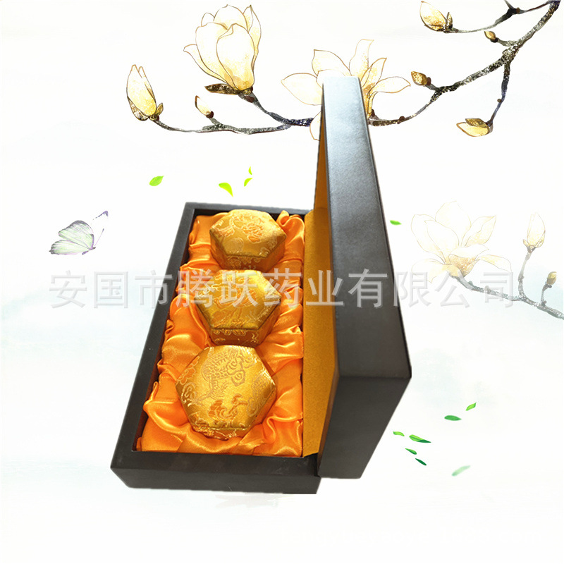 Hexagonal Brocade Gift Box Red Yellow Satin Lined Acrylic Empty Display Case for Herbal Honey Pills - Image 2