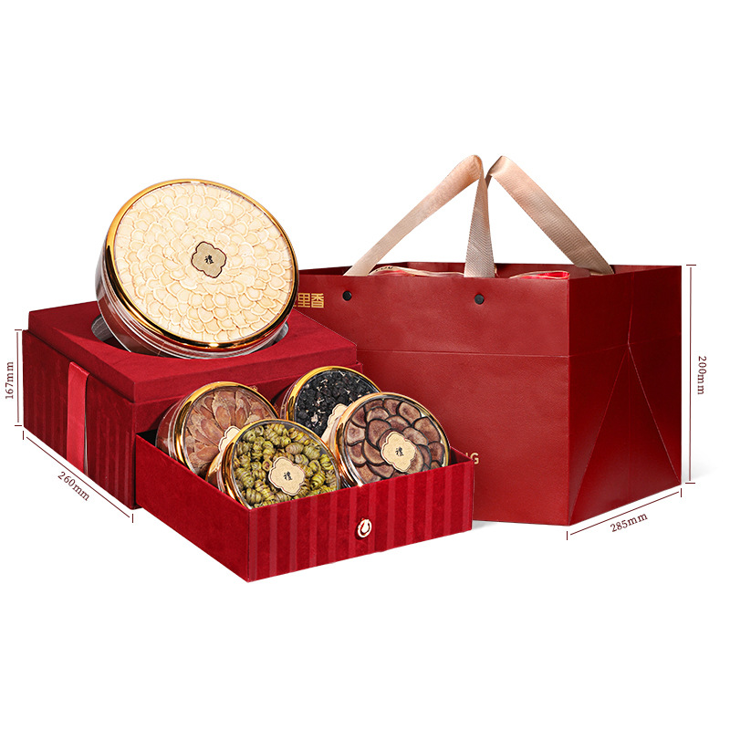 Qi Li Xiang 220g Double Layer Red Velvet 5 in 1 Gift Box American Ginseng Dendrobium Black Goji Berry New Year Herbal Gift Set - Image 5