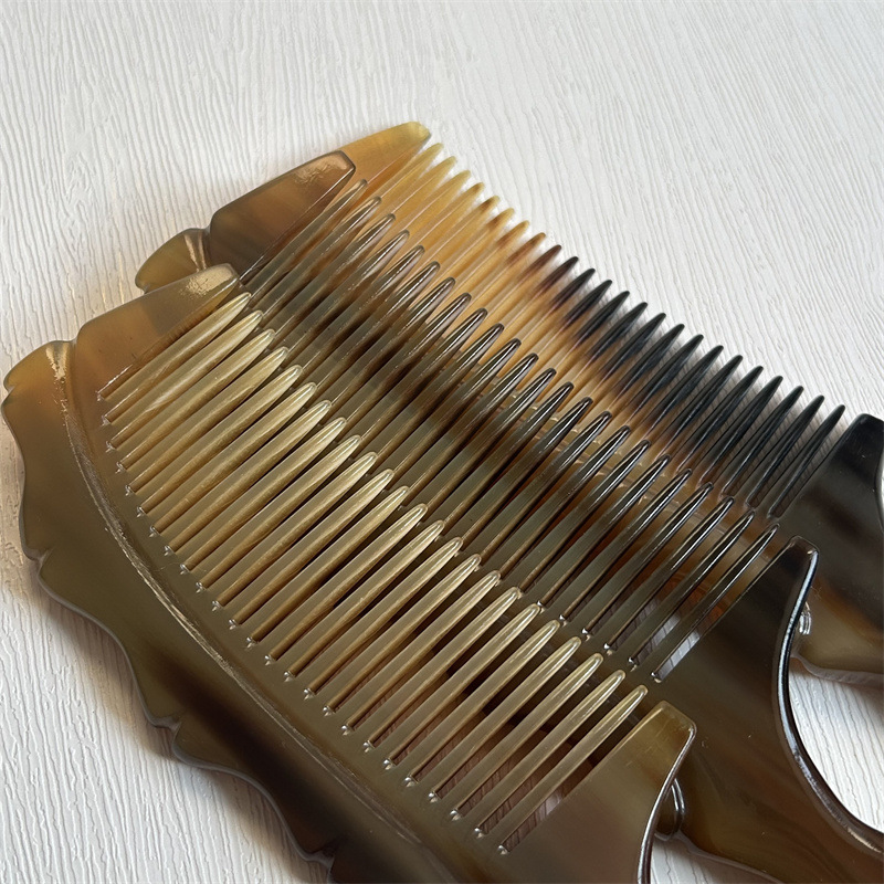 Horn Comb with Bamboo Joint Handle Hand Carved Fine Teeth Guasha Meridian Massage Comb 20cm - Image 4