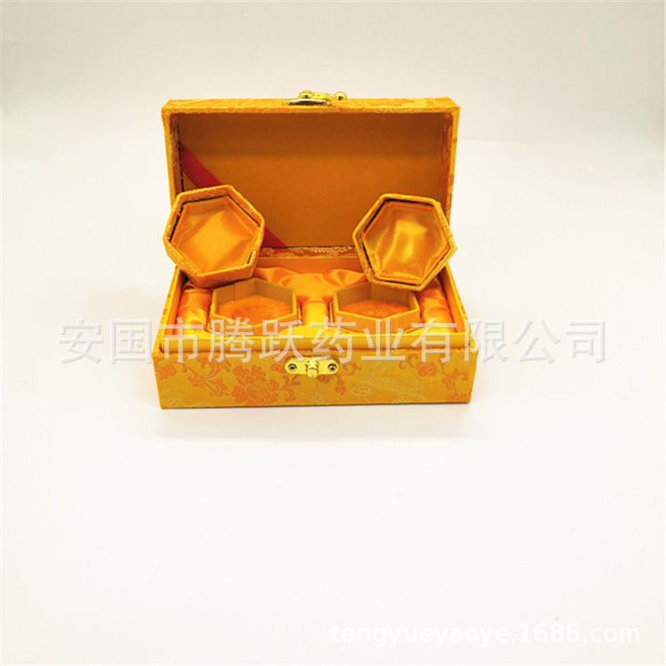 Yellow Brocade Gift Box Hexagonal Empty Pill Box Set of 2 for Herbal Balls and Presents - Image 4