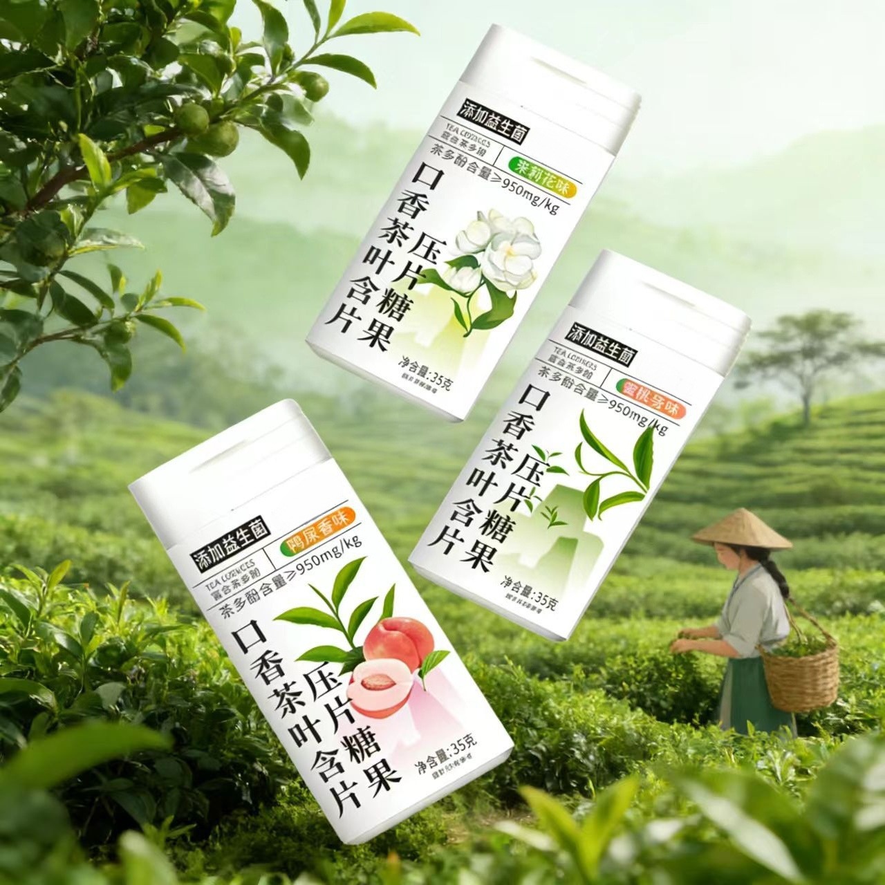 Tea Leaf Breath Freshener Lozenges Peach Oolong Jasmine Yashi Xiang Flavors Bottle - Image 3