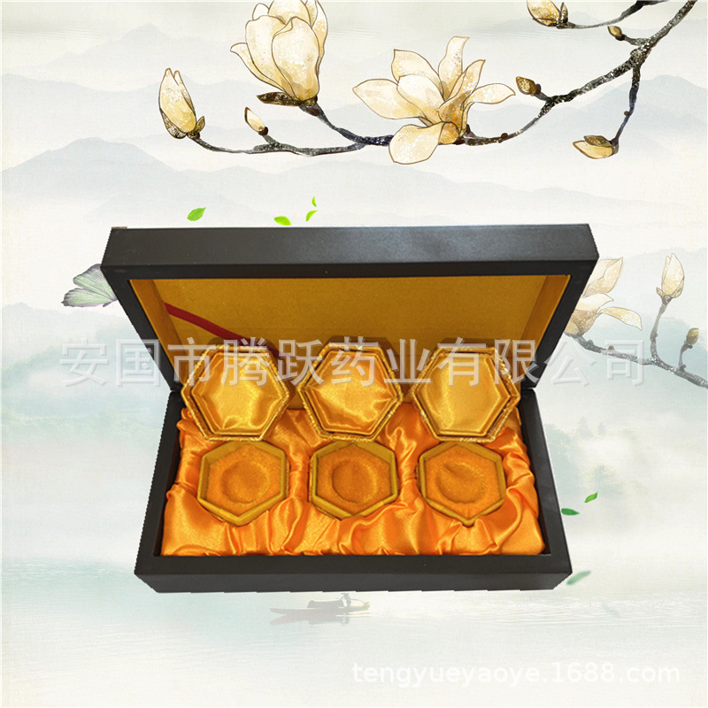 Hexagonal Brocade Gift Box Red Yellow Satin Lined Acrylic Empty Display Case for Herbal Honey Pills - Image 3