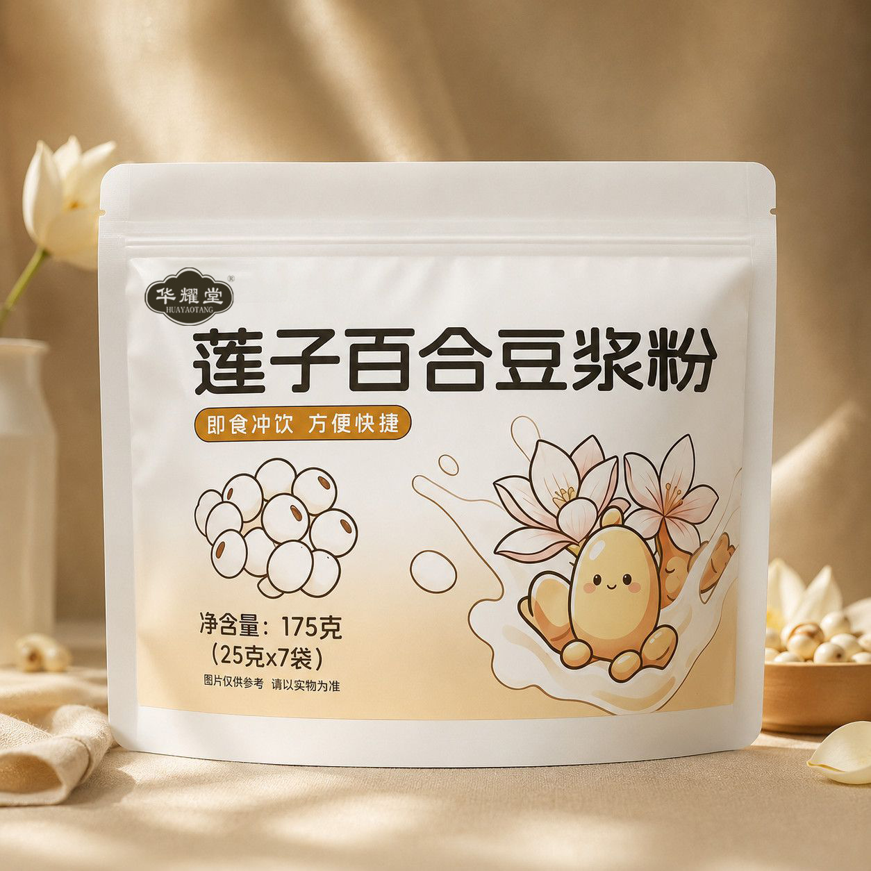 Lotus Seed Lily Soy Milk Powder Lian Zi Bai He Dou Jiang Fen Instant Breakfast Drink 175g 7 Sachets Sugar Free - Image 2