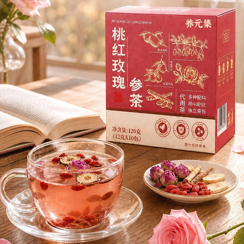 Peach Rose Ginseng Tea Blend 12g x 10 Bags Cold Brew Herbal Tea with Longan Red Dates Goji and Peach Kernels - Image 3