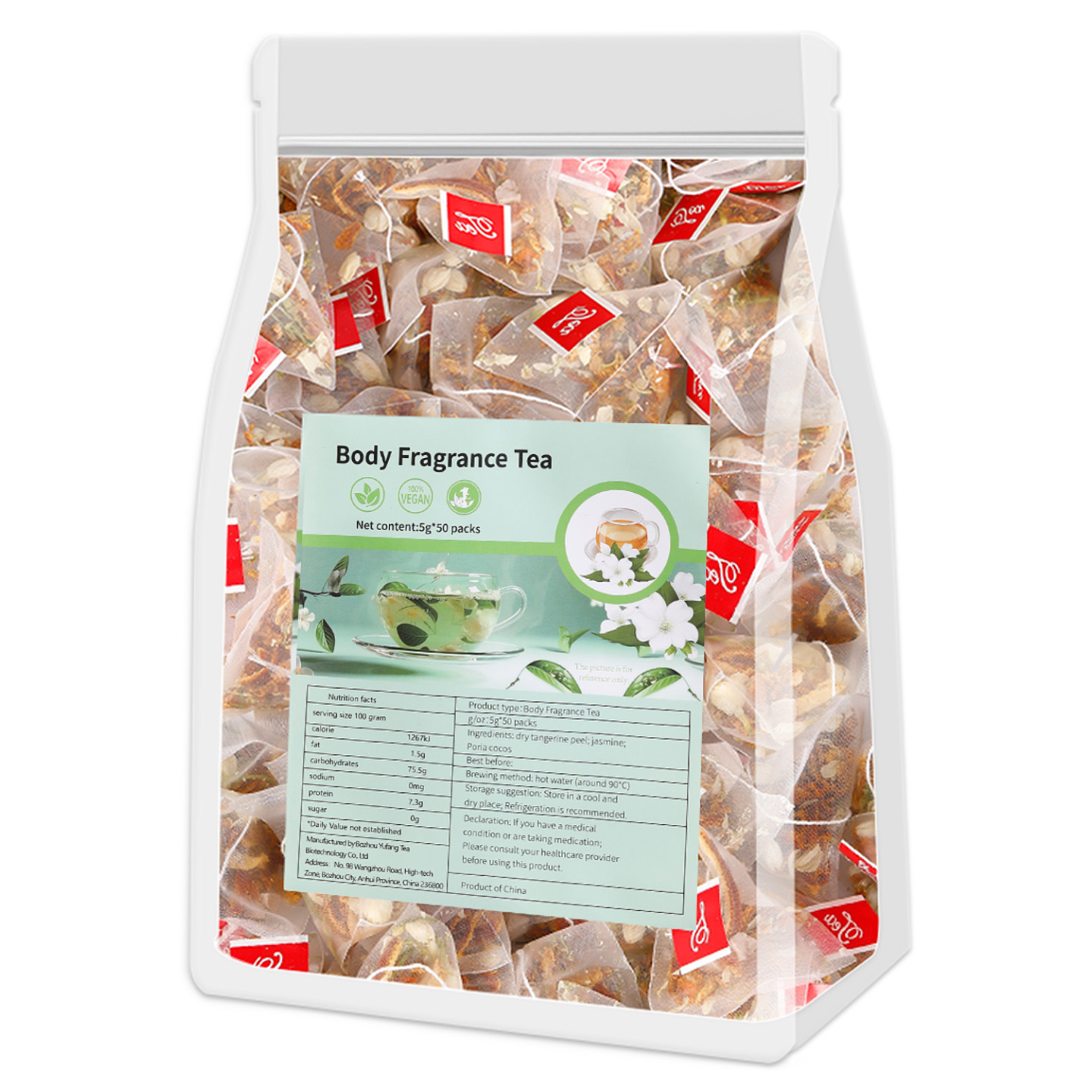 Jasmine Tea with Poria and Tangerine Peel Fu Ling Ju Pi Cha Pyramid Tea Bags 10 Pack 50g Sugar Free - Image 5
