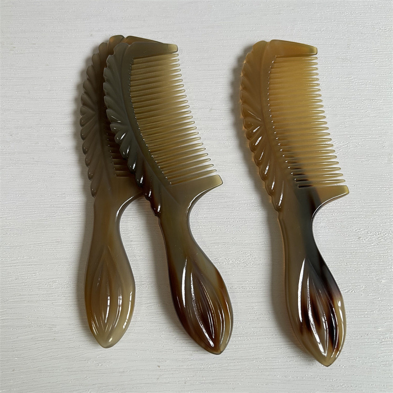Yak Horn Comb 18cm Thick Carved Handle Comb Black Flower Pattern Hair Comb for Daily Grooming - Image 2