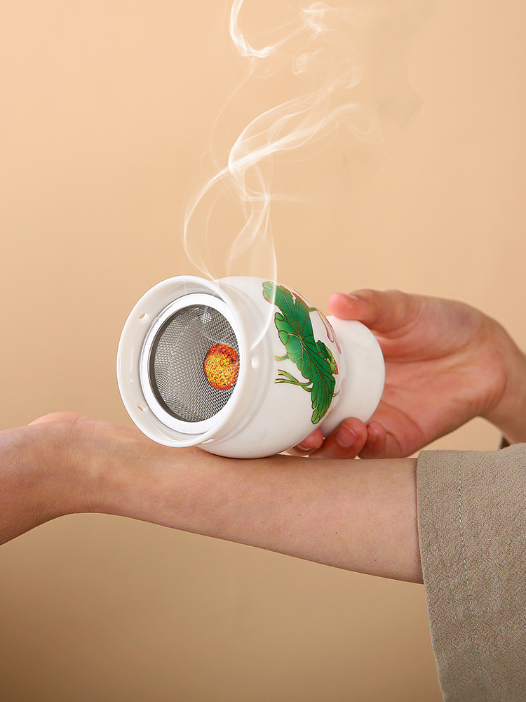 Ceramic Moxibustion Jar Double Layer Anti-Scald Design with Gua Sha Function Portable Warming Device 10.5x6.5x5.5 cm - Image 2