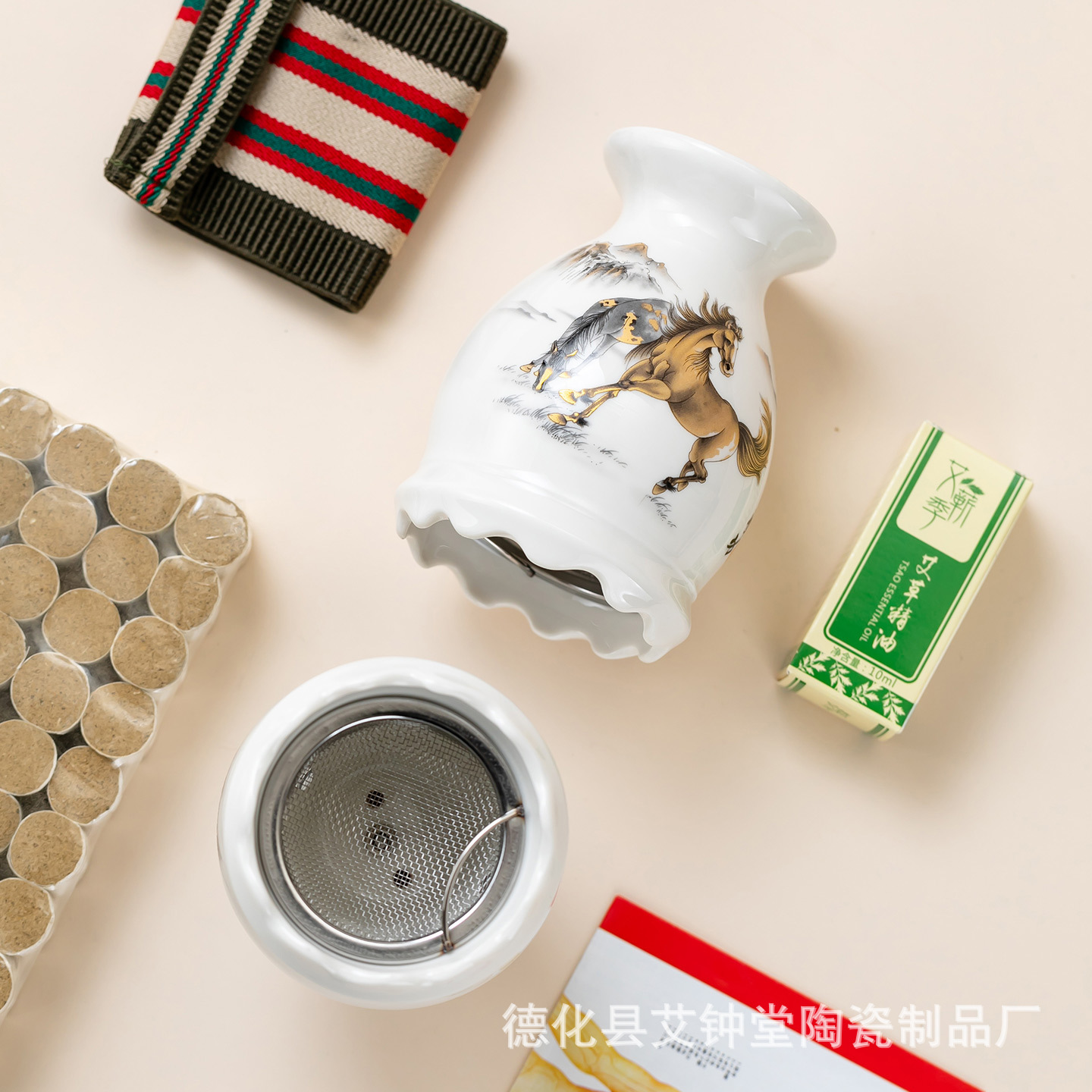Ceramic Moxibustion Jar Lotus Rim Gua Sha Cup Portable Moxa Warmer with Ash Net and Cloth Cover - Image 2