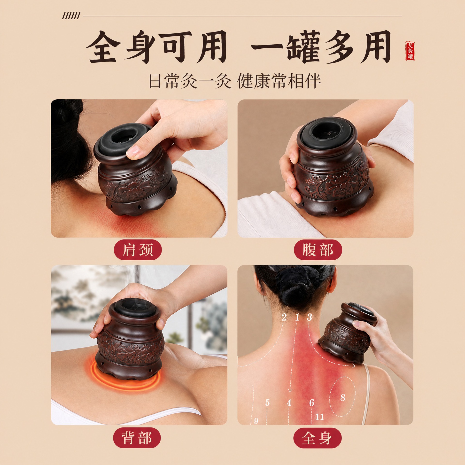 Fire Dragon Moxa Jar Bian Stone Gua Sha Massage Moxibustion Tool with Lotus Rim Home Use Set - Image 4