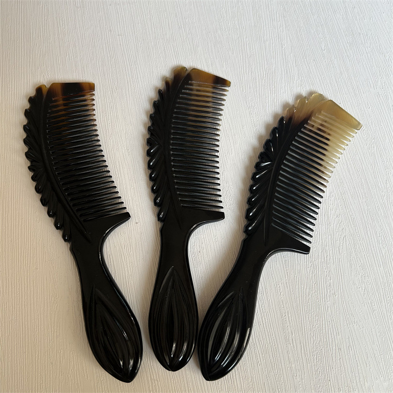 Yak Horn Comb 18cm Thick Carved Handle Comb Black Flower Pattern Hair Comb for Daily Grooming - Image 3