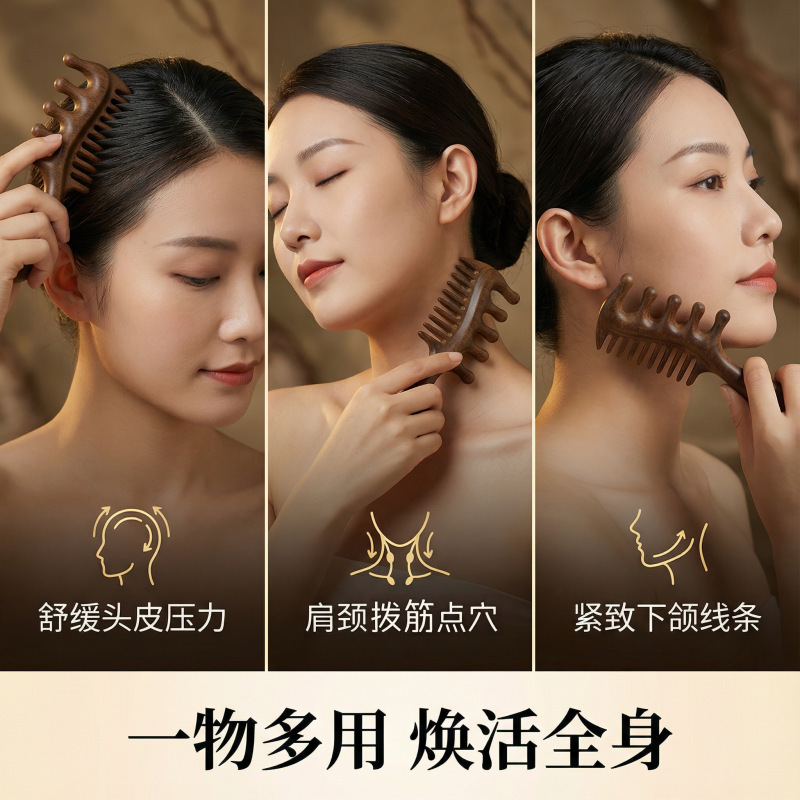 Sandalwood Meridian Massage Comb Wide Thick Teeth Double Sided Scalp Care 10-15cm - Image 2