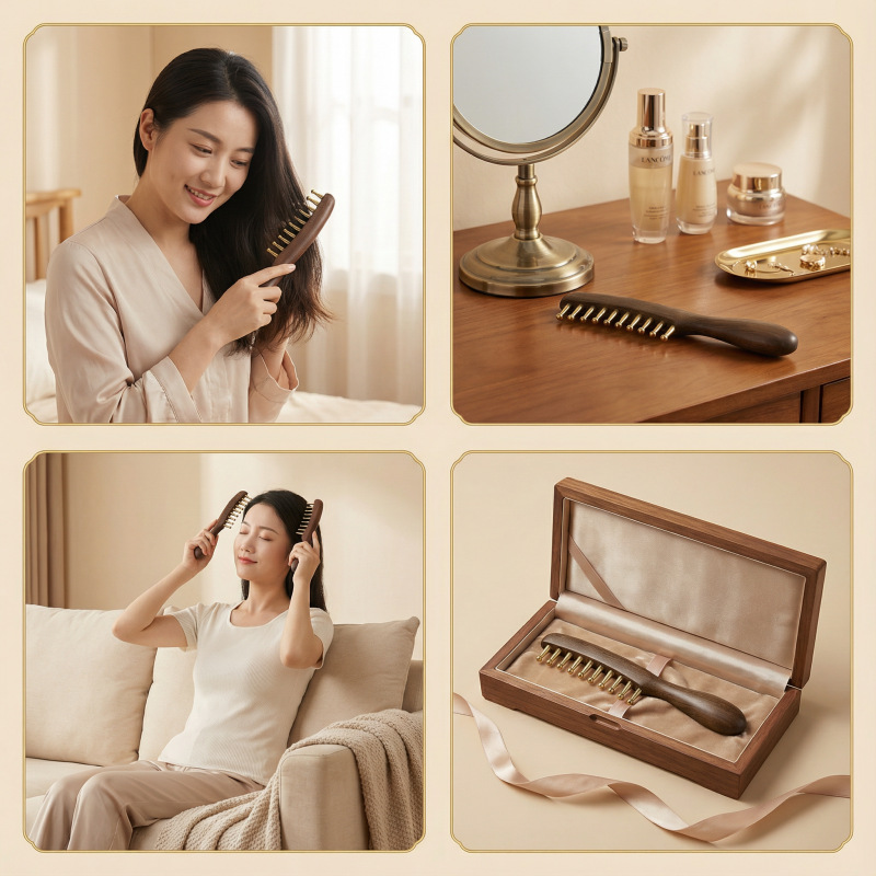 Brass Long Handle Scalp Massage Comb Thickened Wide Teeth Sandalwood Meridian Comb for Men and Women - Image 2