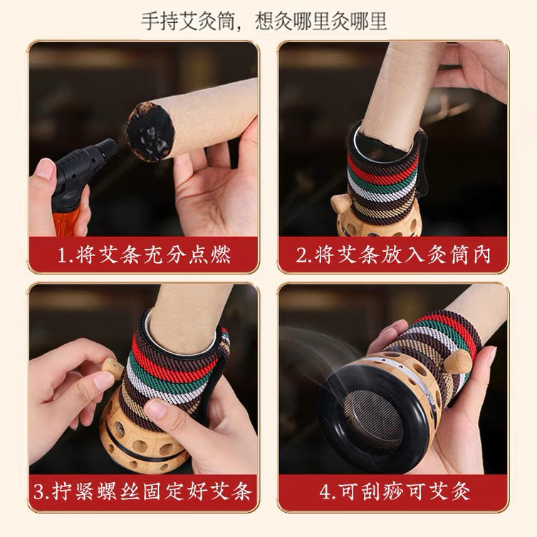 Bian Stone Moxa Jar Handheld Warming Moxibustion Device with Bamboo Body 7 Holes for Home Spa Massage and Gua Sha Use - Image 2