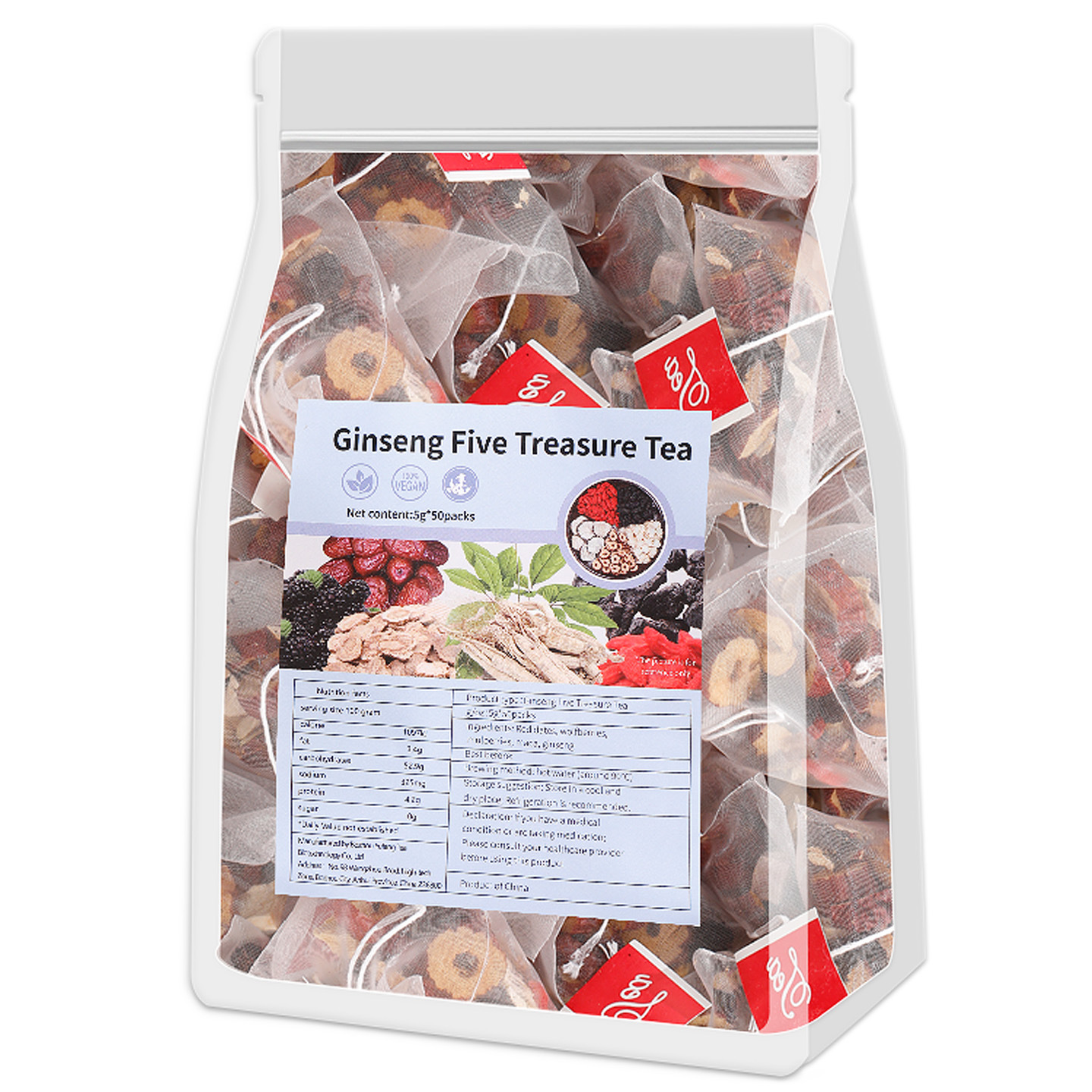 Wu Bao Tea Five Treasure Herbal Tea Bags with Ginseng Goji Mulberry Red Date Maca 250g 10 Individually Wrapped Sachets - Image 5