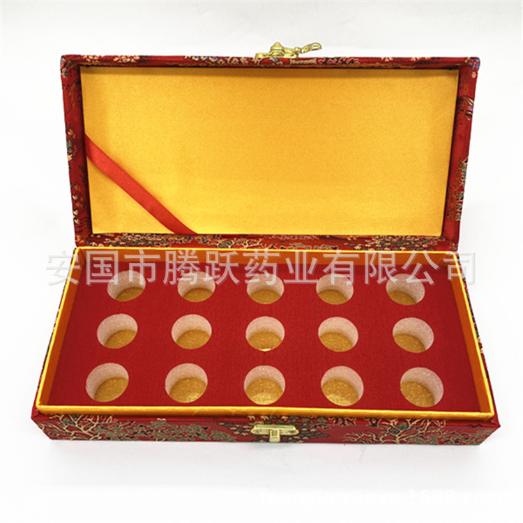 Red Brocade Gift Box for Herbal Pills 15 Slots 3cm Inner Diameter Empty Display Case - Image 5