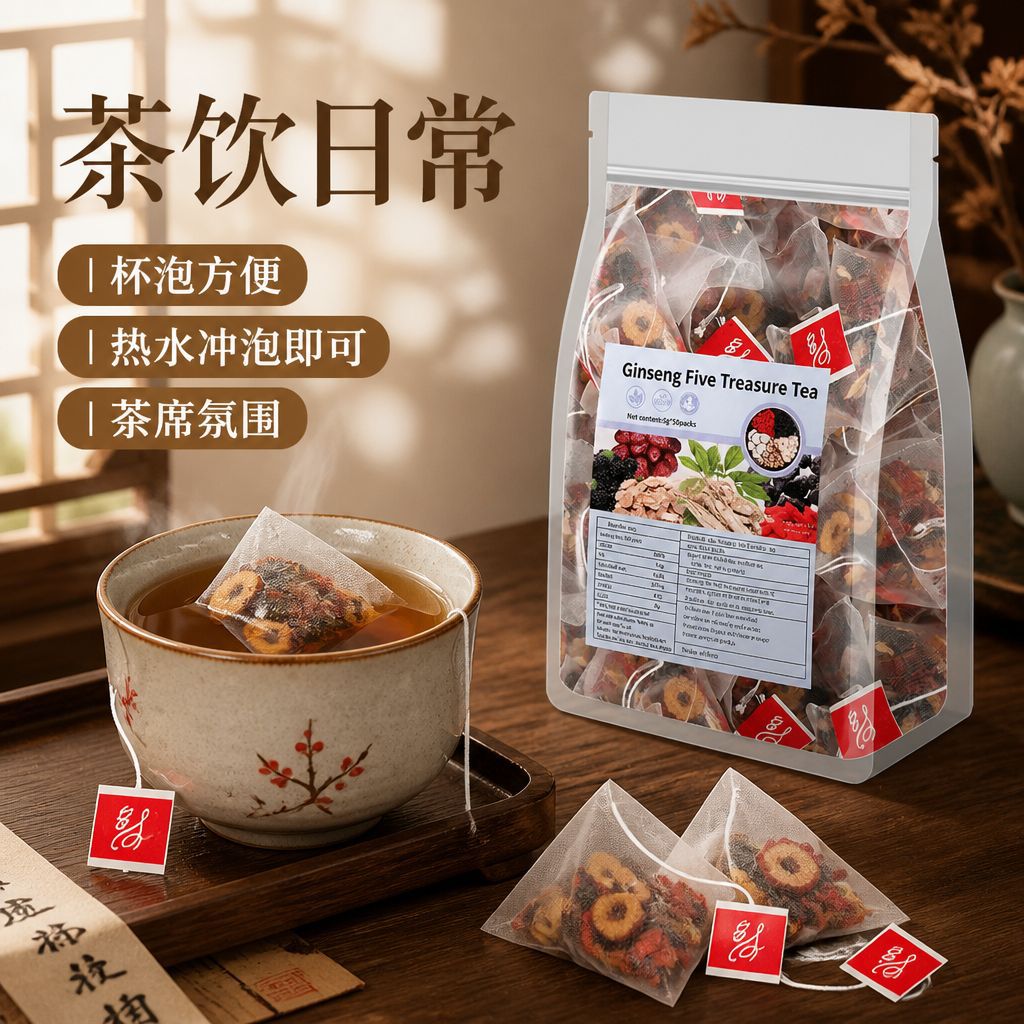Wu Bao Tea Five Treasure Herbal Tea Bags with Ginseng Goji Mulberry Red Date Maca 250g 10 Individually Wrapped Sachets - Image 3