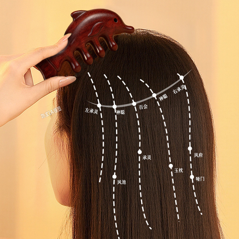 Dolphin Shaped Sandalwood Meridian Massage Comb Wide Teeth Wooden Scalp Gua Sha Head Therapy Tool 11.5x5cm - Image 2