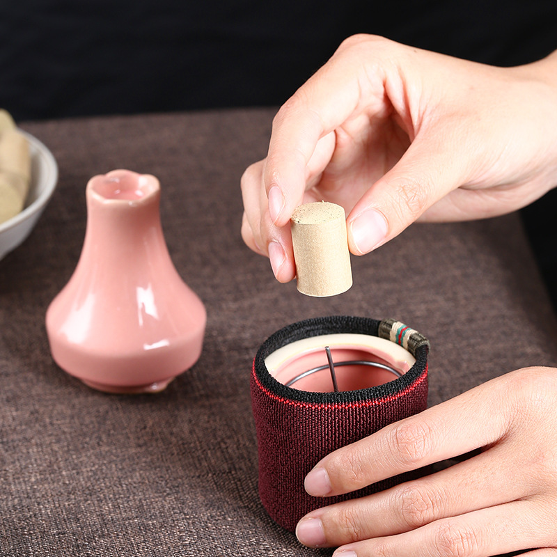 Ceramic Peach Blossom Moxibustion Jar Facial Warming Tool with Cloth Cover and Ash Guard - Image 2