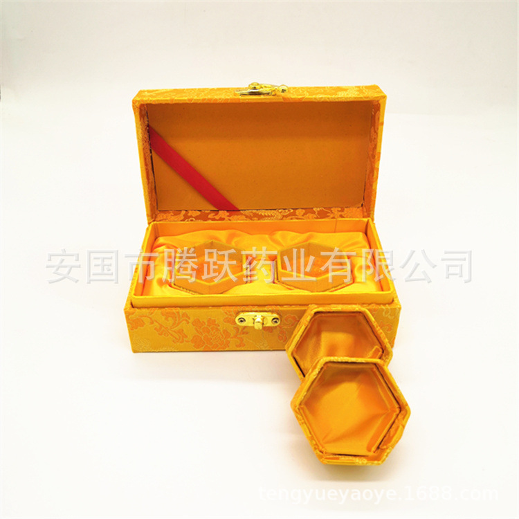 Yellow Brocade Gift Box Hexagonal Empty Pill Box Set of 2 for Herbal Balls and Presents - Image 5