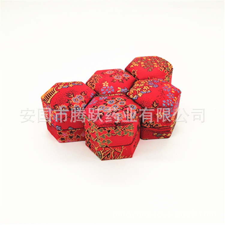 Hexagonal Brocade Gift Box Red Silk Covered Empty Pill Packaging Case - Image 5