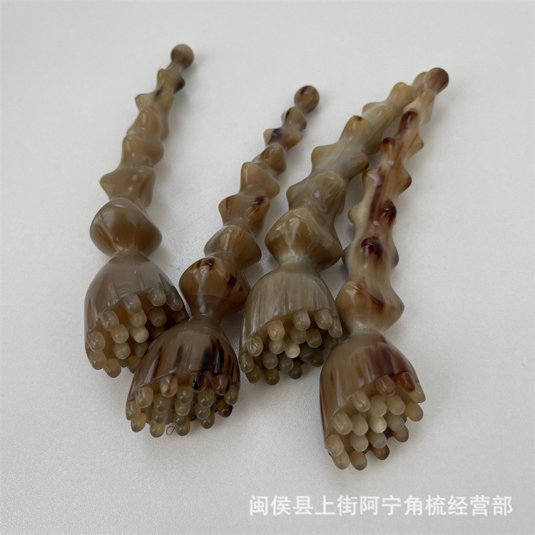 Horn Facial Massage Stick Gujiao Lianpeng 18 Bead Lotus Design Hand Carved Guasha Tool Portable Acupoint Massage Comb - Image 2