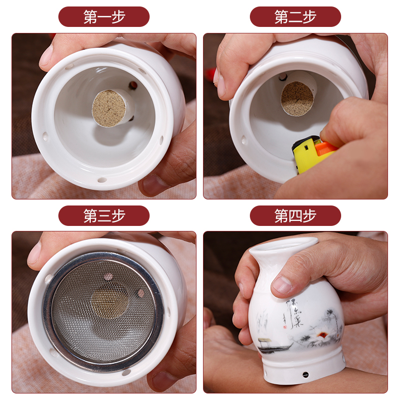 Ceramic Moxibustion Jar with Gua Sha Cup Portable Moxa Burner Home Spa Tool with Cloth Cover 54 Moxa Cones Acupoint Chart 220ml Oil - Image 4