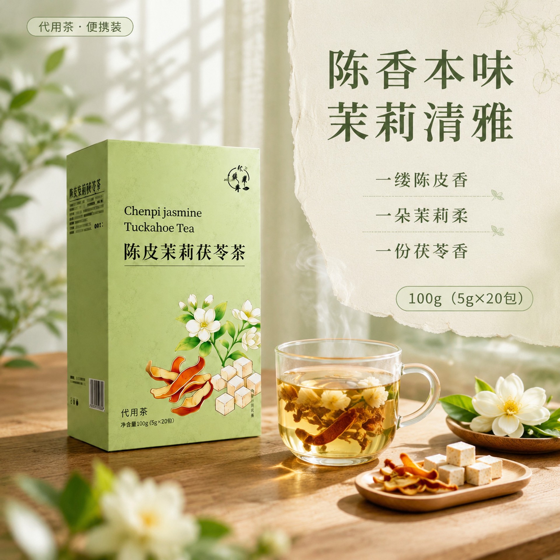 Tangerine Peel Jasmine Poria Herbal Tea Chen Pi Fu Ling Tea Bags 100g 20 Individual Sachets - Image 2