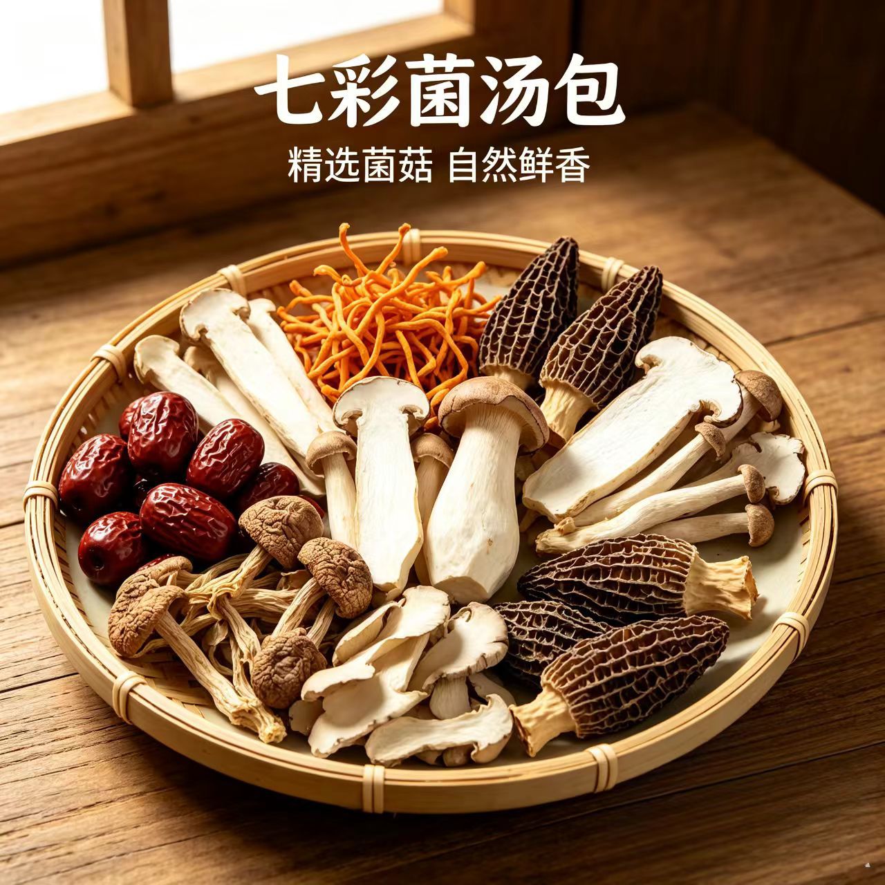 Seven Mushroom Soup Pack Qicai Jun Tang Bao Dried Mushroom Medley with Morel and Cordyceps Flower 50g Herbal Broth Mix - Image 2