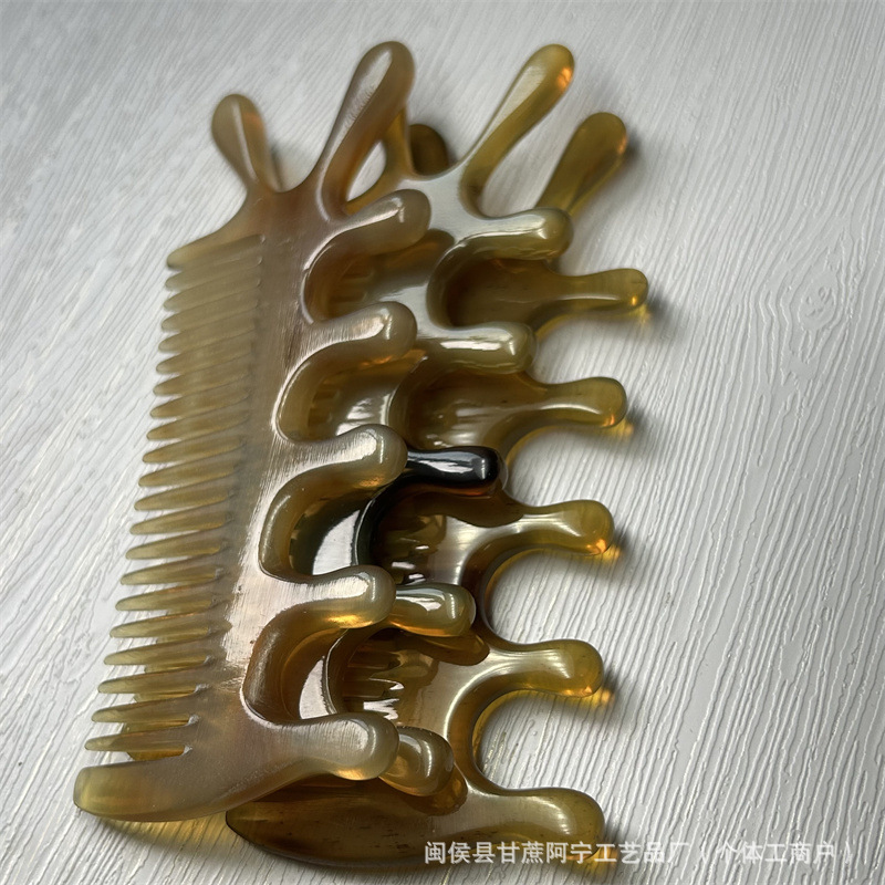 Natural Horn Comb Double Sided Five Tooth Scalp Massage Comb Head Meridian Gua Sha Style 10-15CM - Image 4