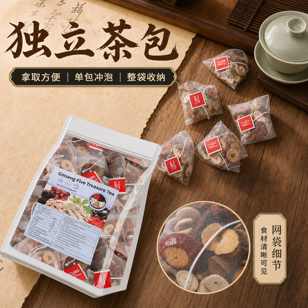 Wu Bao Tea Five Treasure Herbal Tea Bags with Ginseng Goji Mulberry Red Date Maca 250g 10 Individually Wrapped Sachets - Image 2