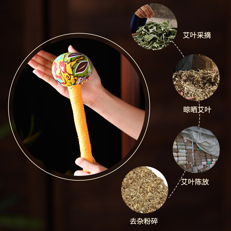 Handmade Mugwort Massage Hammer Ai Cao Hammer 31cm Embroidered Wellness Gift for Meridian Tapping - Image 2