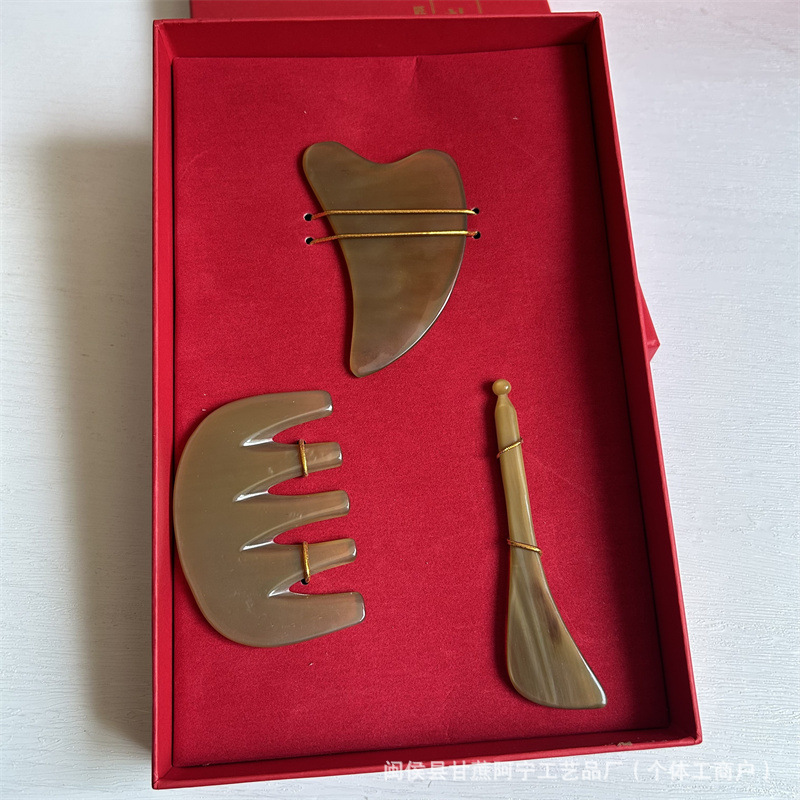 Horn Gua Sha Head Massage Tool Set 3 Piece Guasha Scraping Board for Scalp and Face Care Gift Box - Image 4