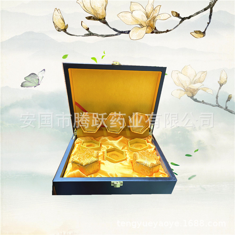 Wooden Gift Box Empty Brocade Lined Red Yellow for Herbal Pills Jewelry Storage 21cm - Image 2