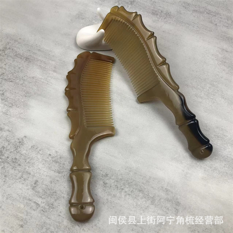 Handmade Horn Comb Bamboo Joint Handle Fine Teeth Carved Thick Round Grip 20cm - Image 2