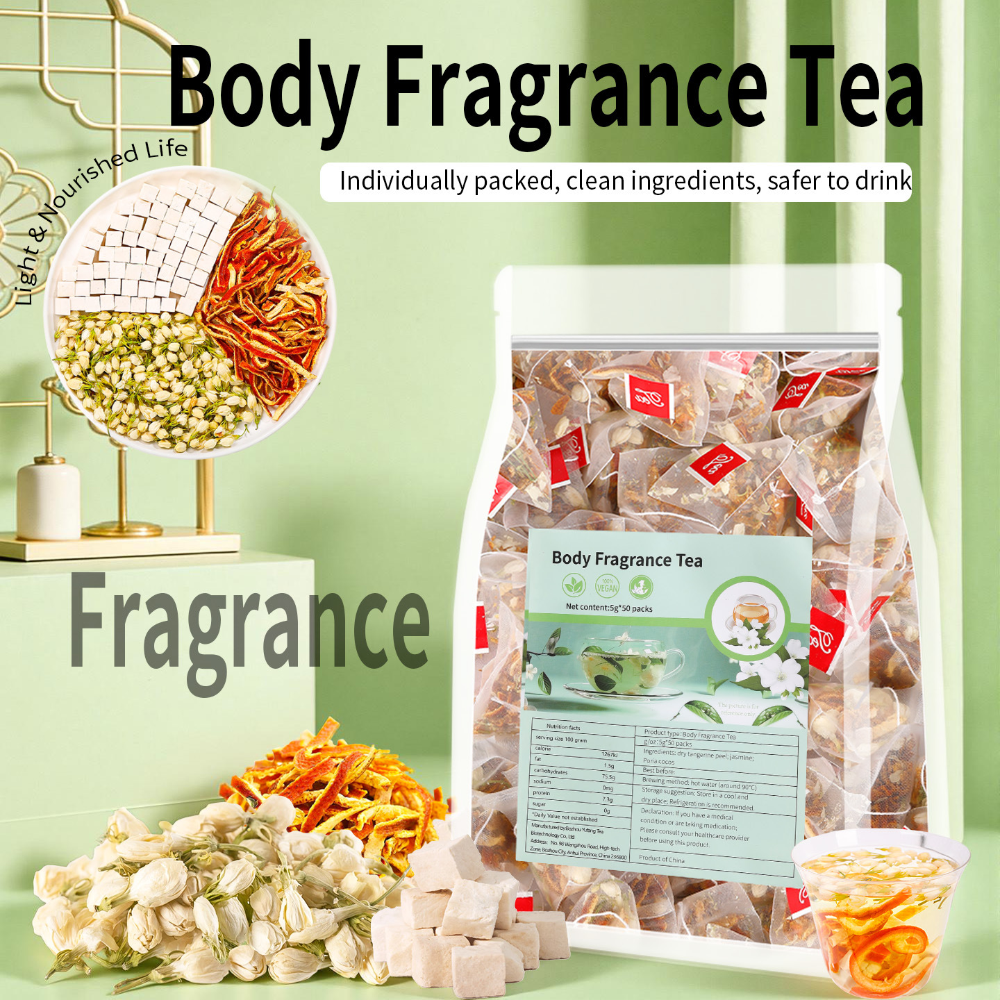 Jasmine Tea with Poria and Tangerine Peel Fu Ling Ju Pi Cha Pyramid Tea Bags 10 Pack 50g Sugar Free - Image 3