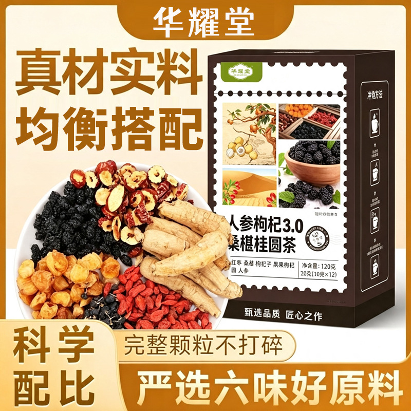 Ginseng Goji Mulberry Longan Tea Bag Blend Liu Bao Herbal Wellness Tea 120g 12 Sachets - Image 2