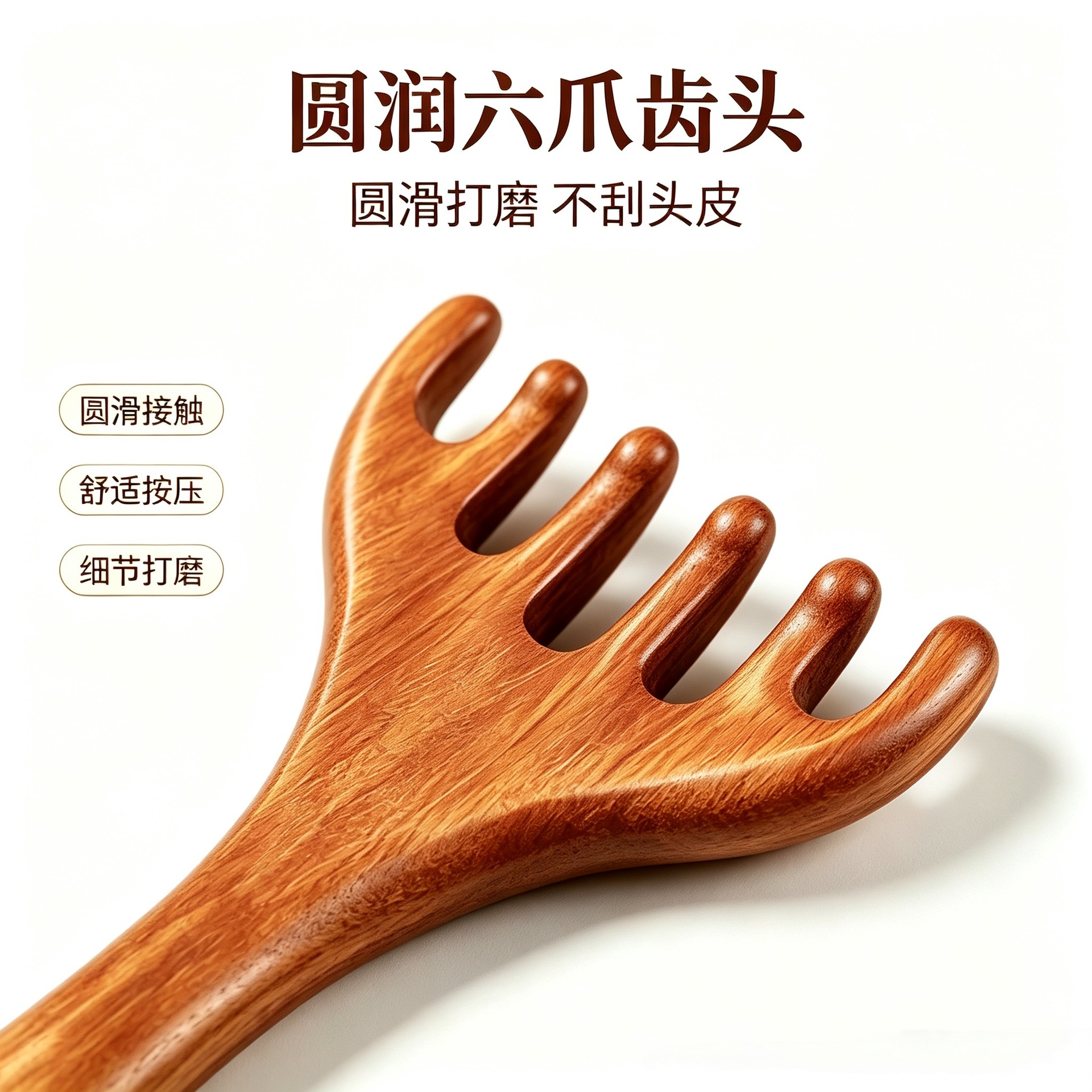 Sandalwood Scalp Massage Comb Five Claw Head Therapy Rake for Meridian Relaxation - Image 3