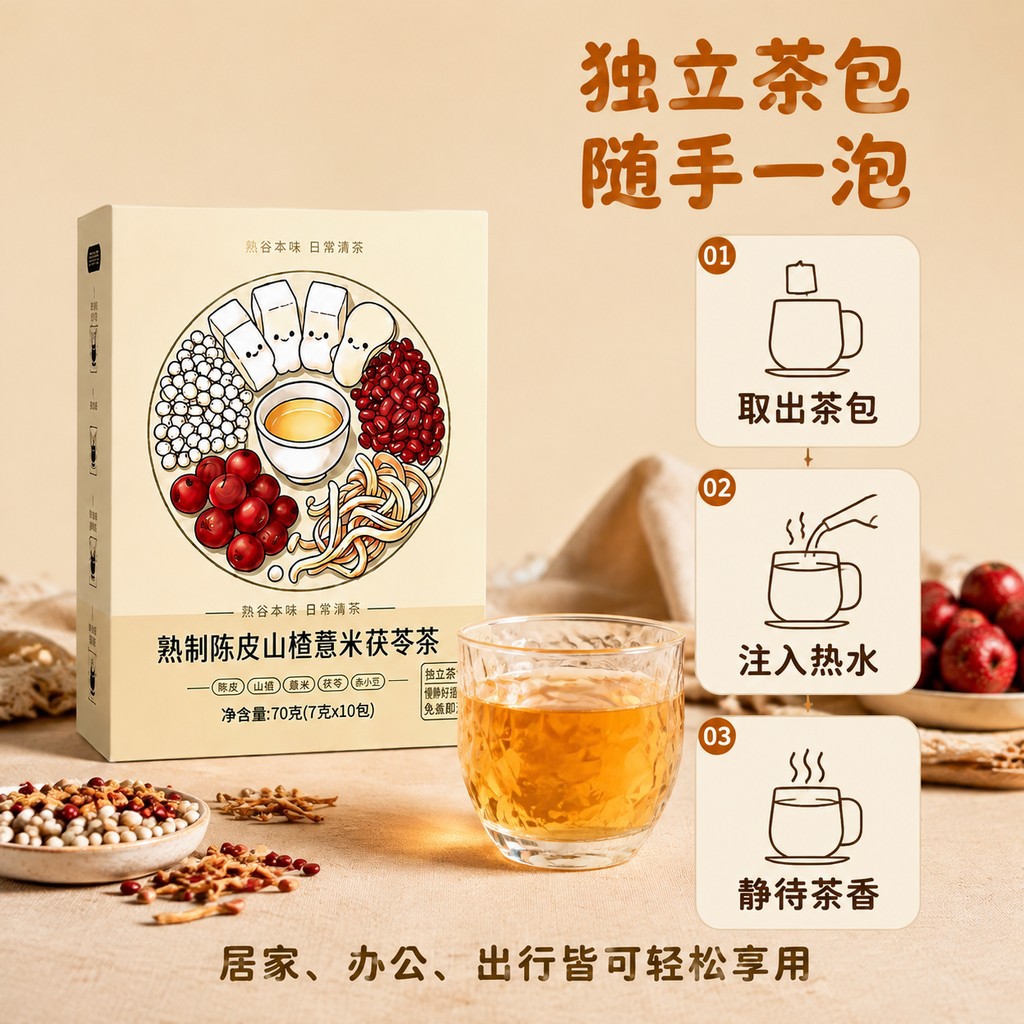 Coix Seed Poria Tangerine Peel Hawthorn Tea Bags 70g Sugar Free Daily Wellness Brew - Image 4